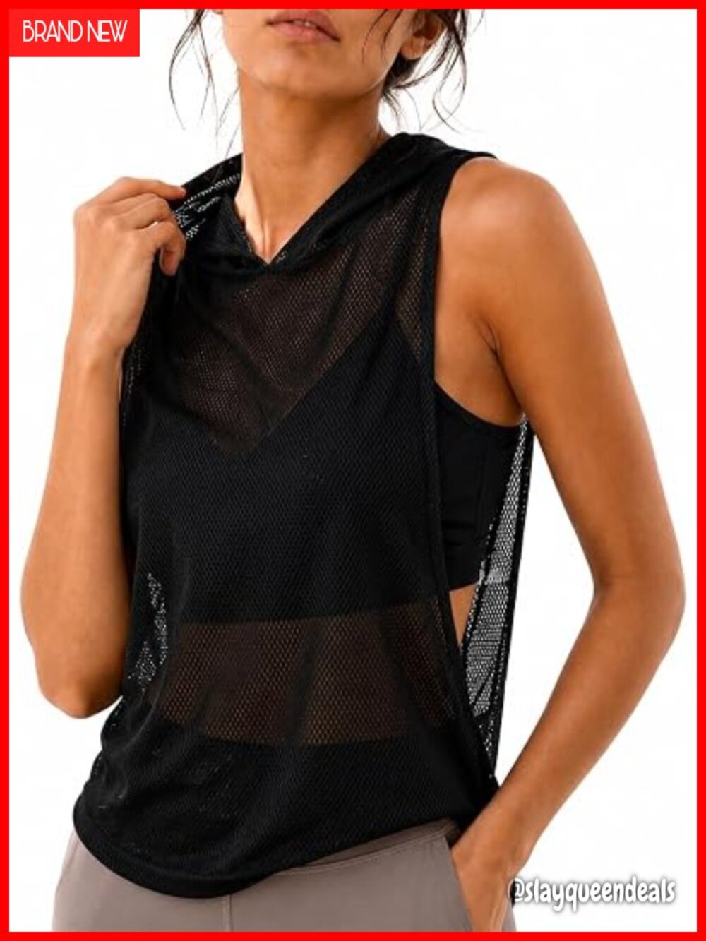 Mesh Fishnet Sleeveless Hooded Sheer Side Split Workout Tank Top